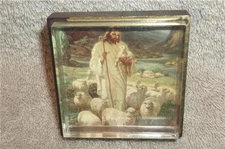 VINTAGE "JESUS GOOD SHEPHERD" PRINT UNDER LUCITE w DESKTOP PYRAMIDAL FRAME ITALY