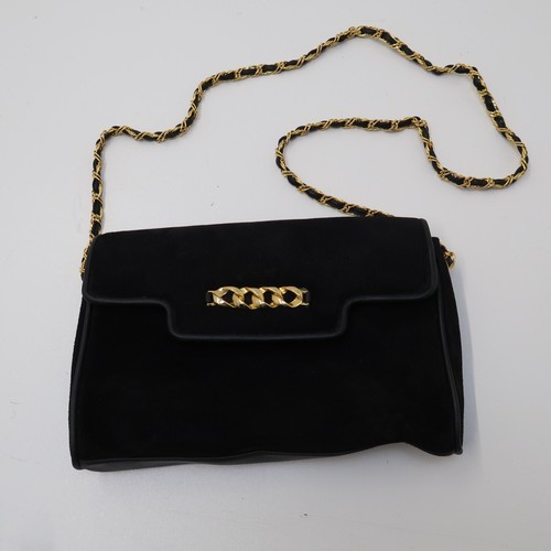 Amanda Smith Black Suede Leather Shoulder Crossbody Bag Purse Gold Chain Vtg