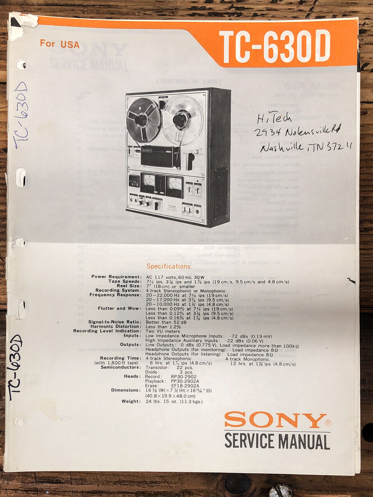 Sony TC-630D Reel to Reel Service Manual *Original*