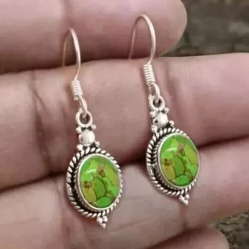 Pendiente hecho a mano de plata de ley 925 con piedras preciosas turquesa cobre verde S08 Foto 3 de 3