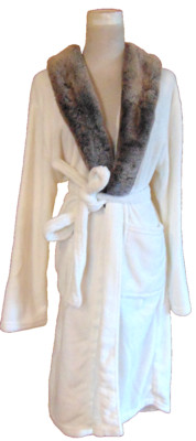 CVS/PHARMACY WOMENS SOFT PLUSH WHITE/BROWN FAUX FUR BATH ROBE NIGHT ROBE~M-XL