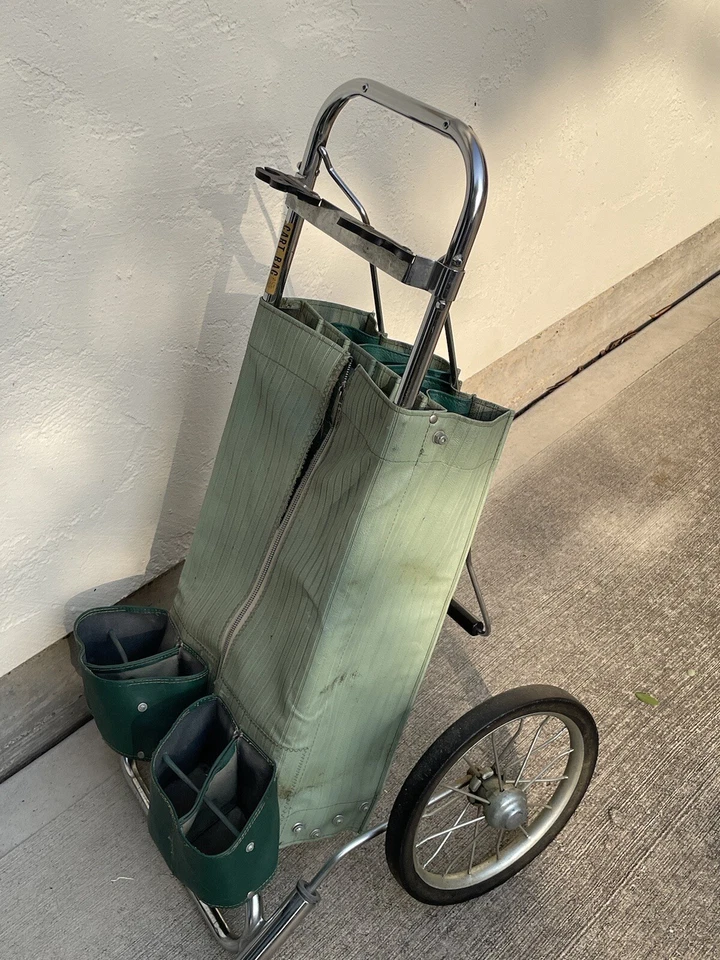 RARE VTG 1950’s Sit N Rest Golf Club Bag Rolling Push/Pull Cart Green - Image 3 of 4