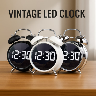 Retro LED Alarm Clock 12/24H Loud Buzzer, Night Light, Plug-In or Battery Power