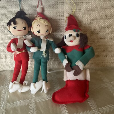 50s 60s Vintage Pixie Elf Christmas Ornament Lot 3 Japan MCM Felt Mixed 7 