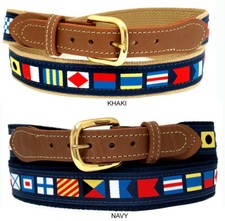 Nautical Code Flag Belt on Navy or Khaki webbing,Tan Leather Tips, Made in US