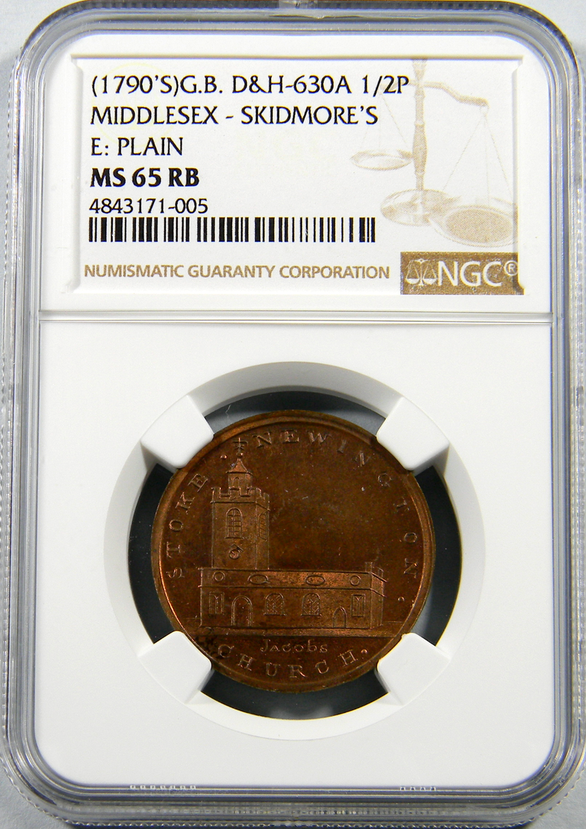 1790 's MIDDLESEX - SKIDMORE'S Token 1/2P NGC MS 65 RB Top Pop (10