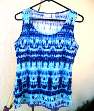 CHICOS 0 M S BLUE ALL RUFFLED BLOUSE SLEEVELESS TOP SHADES TIE DYE LOOK USA MADE