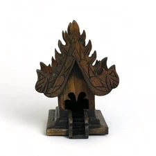 4” Buddhist Temple Thai Spirit House Teak Wood Handcraft Altra Shrine Home Decor
