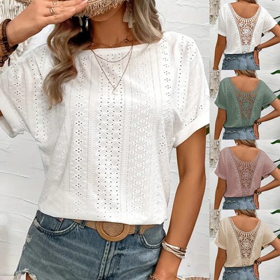 Lässige Damen Kurzarm Bluse mit elegantem Häkel-Hollowout-Design