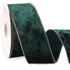 Forest Green Crushed Velvet Wired Ribbon Beaded Pearl Edge 21/2 Inch 10 YD