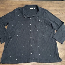 The Quacker Factory Shirt Womens 2X Black   Snap Button Rhinestones Thermal Like