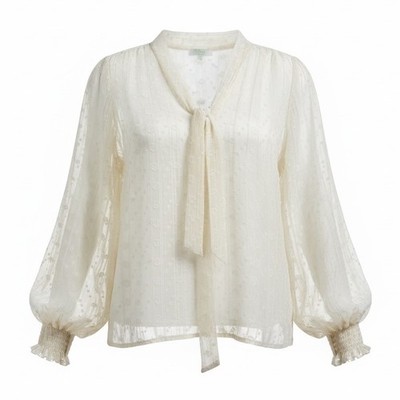Jade Melody Tam V Neck Tie Front Blouse Women's XL Cream Sheer W/ Lining NEW NWT