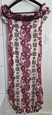 Hawaiian Muumuu Off-Shoulder Ruffle Maxi Dress Small Beige Maroon Zippered Back