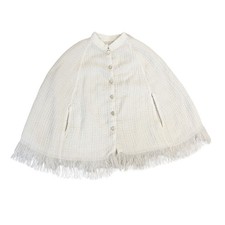 Vintage White Knit Poncho Cape Wedding Fringe Boho Bohemian Hippie Button Up