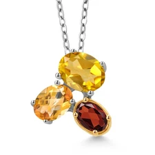 925 Silver and 10K Yellow Gold Citrine and Garnet Pendant Necklace For Women