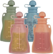 BPA Free, 4 Pack Silicone Reusable Baby Food Pouches with Straws