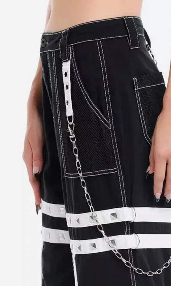Hot Topic Black & White Grommet Suspender Chain Skater Punk Rock Gothic Pants - Image 3 of 4