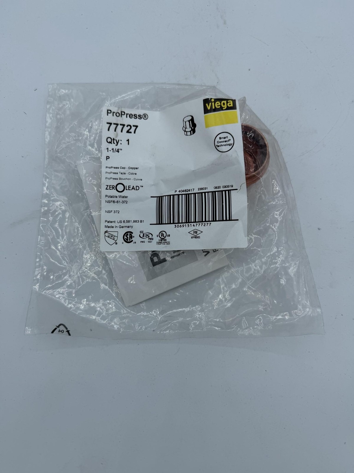 Viega ProPress 77727 Copper Cap 1-1/4 In P Zero Lead Germany Press Fitting 13pk
