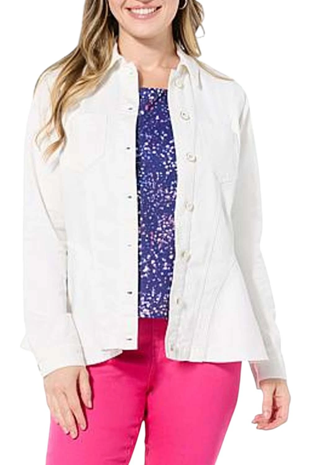 DG2 by DianeGilman Women's Soft&Sleek Fit&Flare Denim Jacket Alabaster