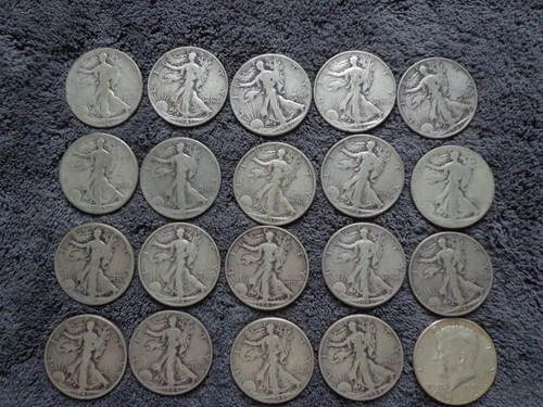 Roll of 19 Walking Liberty Half Dollars & 1ea Kennedy Half mixed dates % mm 90%