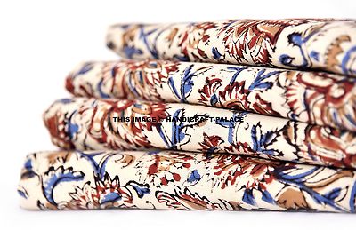 5 Yard Hand Block Flower Print Cotton Indian Natural Sanganeri Print Fabric Art
