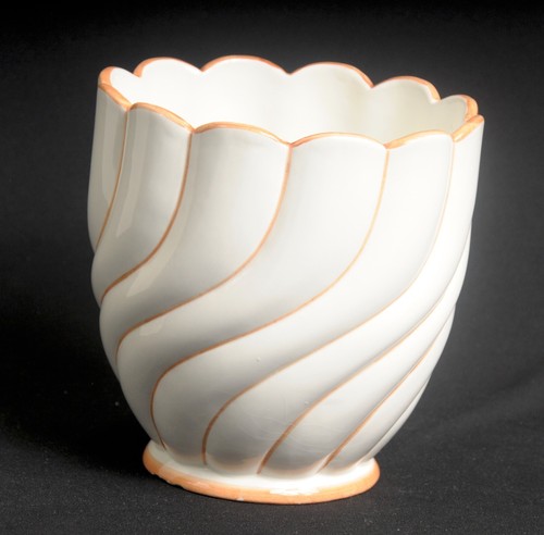 Italian Cream Ceramic Swirled Orange Trim Vase Planter 6-1/2 Inch K284J M1 As Is - Picture 2 of 8