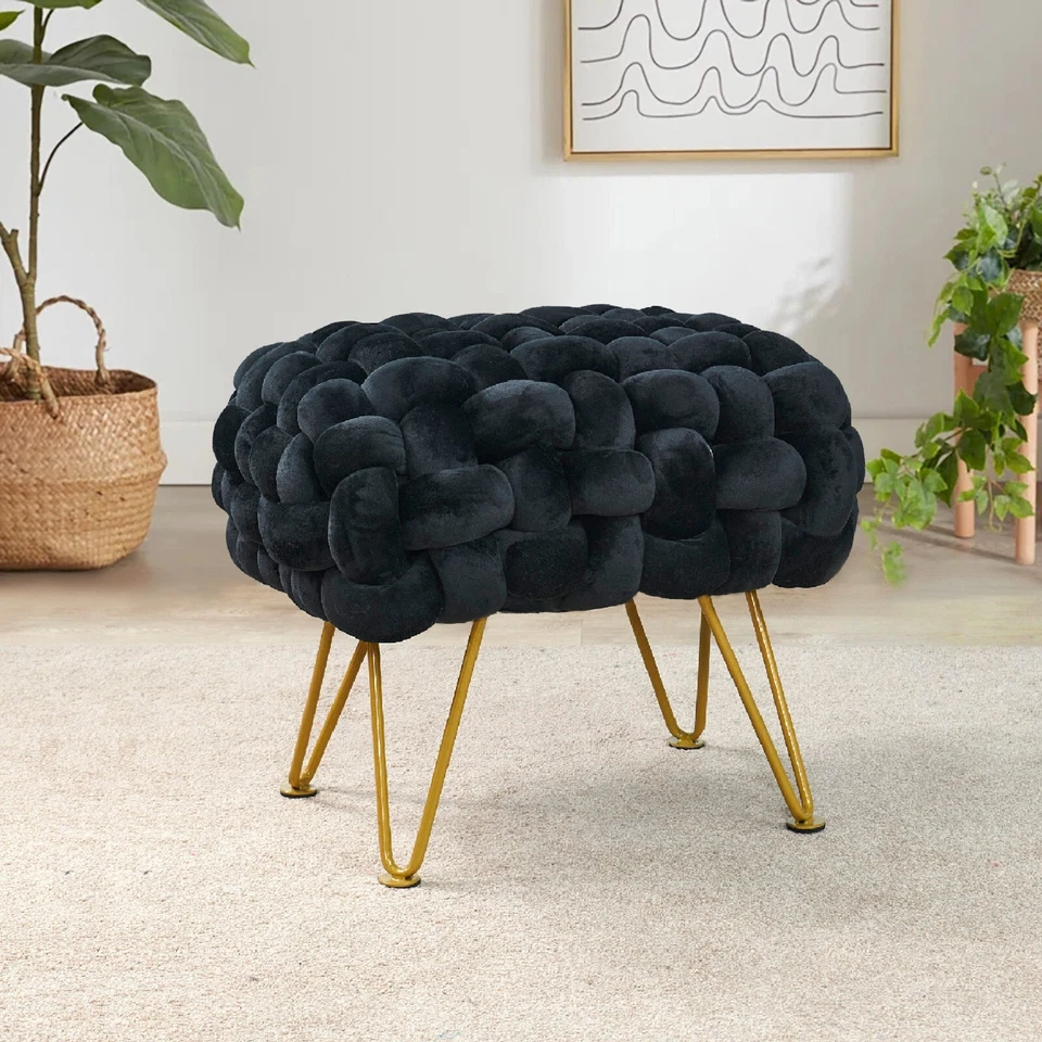 手工编织天鹅绒奥斯曼脚凳现代布夫座椅带金属腿柔软毛绒 — 第 2/4 张图片