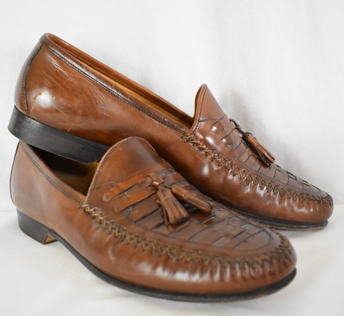 Johnston & Murphy Brown Leather Tasseled Woven Leather Slip  display picture 1