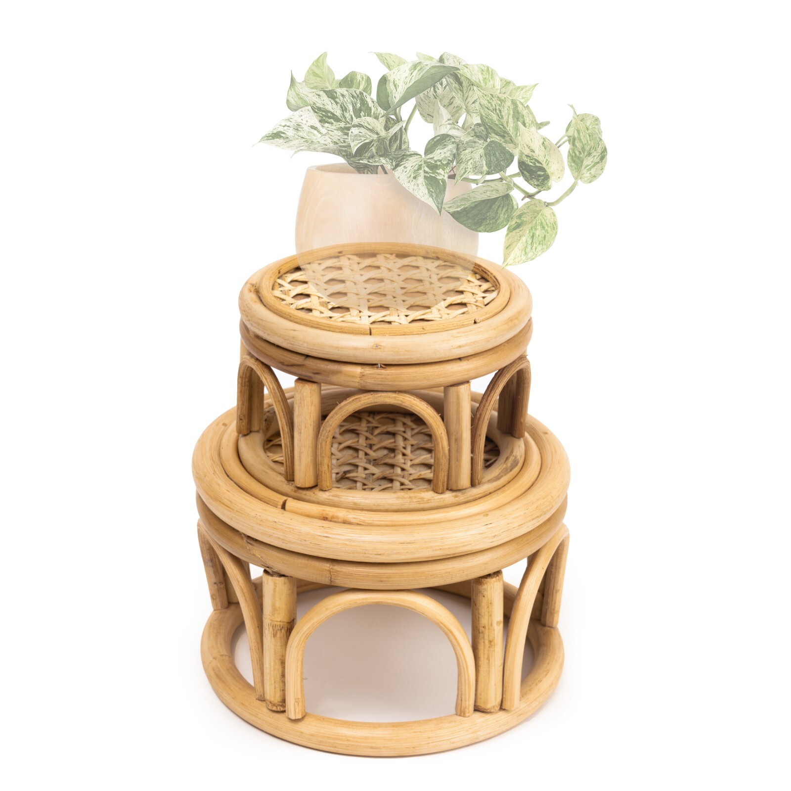 Boho Rattan Wicker Round Plant Stand Set of 2 for Indoor Decor