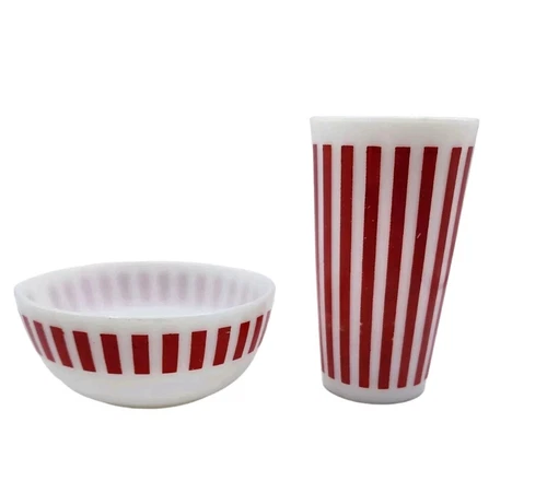 Vintage Hazel Atlas Milk Glass Red Candy Stripe Drinking Tumbler Cereal Bowl Set