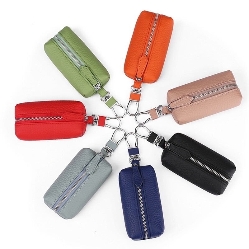 Genuine Leather Keychain Wallets Men Women Solid Color Zipper Car for