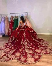 Red Ball Gown Quinceanera Dress Gold Appliques Gowns Prom Dresses Back Beaded