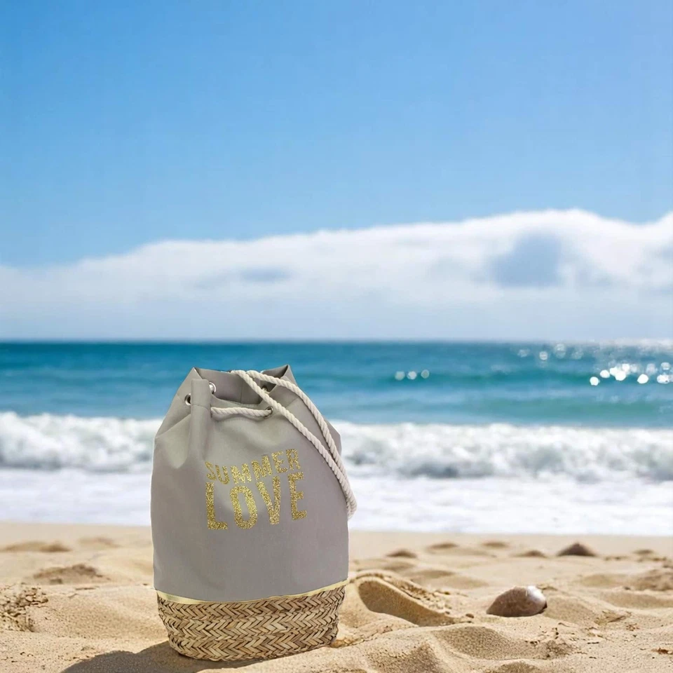 Stylischer, grauer Seesack / Rucksack mit goldener Glitzer Schrift SUMMER LOVE - Bild 4 von 4