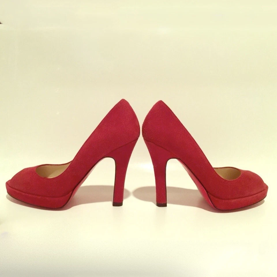 EUC, OH DEER! Red Suede Platform, Peep toe Pumps, High Heels - Image 2 of 4