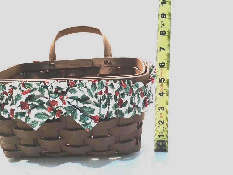 "Cesta de mano de mimbre tejida de tamaño mediano diseño de tela de bayas de acebo de Navidad 6X11X6""" Foto 4 de 4