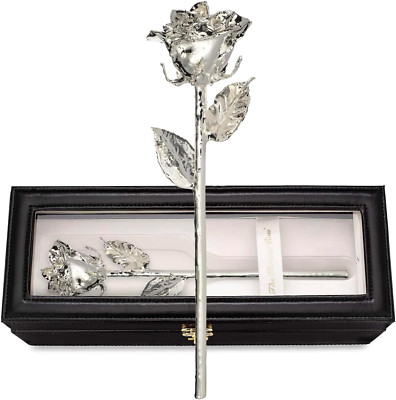 Genuine Hand-Dipped Silver Rose in Luxury Leather Case with LED Lights