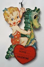 LITTLE GIRL on SEA HORSE w RED HEART *  Glitter VALENTINE ORNAMENT Vtg Img