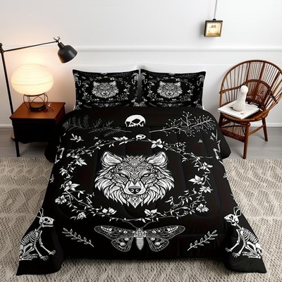Castle Fairy Wild Wolf Comforter Set King Size,Weed Floral Black White Down
