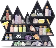 Mountain Crystal Shelf Display for Wall, Wooden Triangle Rock Gem Stone Stora...