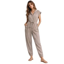 Free People Lyocell Utility Jumpsuit Taupe Drawstring Waist Short Sleeve