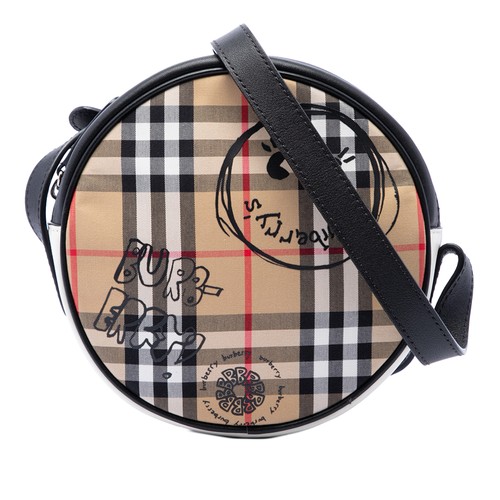 Burberry House Check Canvas and Calfskin Cartoon Print Round Crossbody Bag Beige