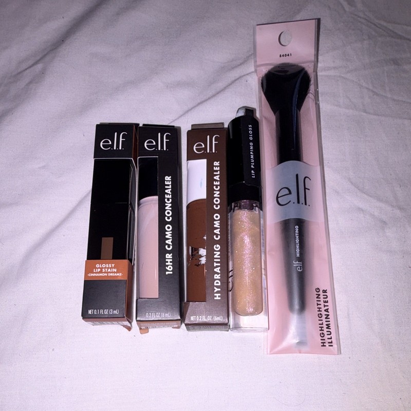e.l.f. 5pc LOT!  CC Camo Full Coverage Concealer, Plumping Gloss, Brush Vegan