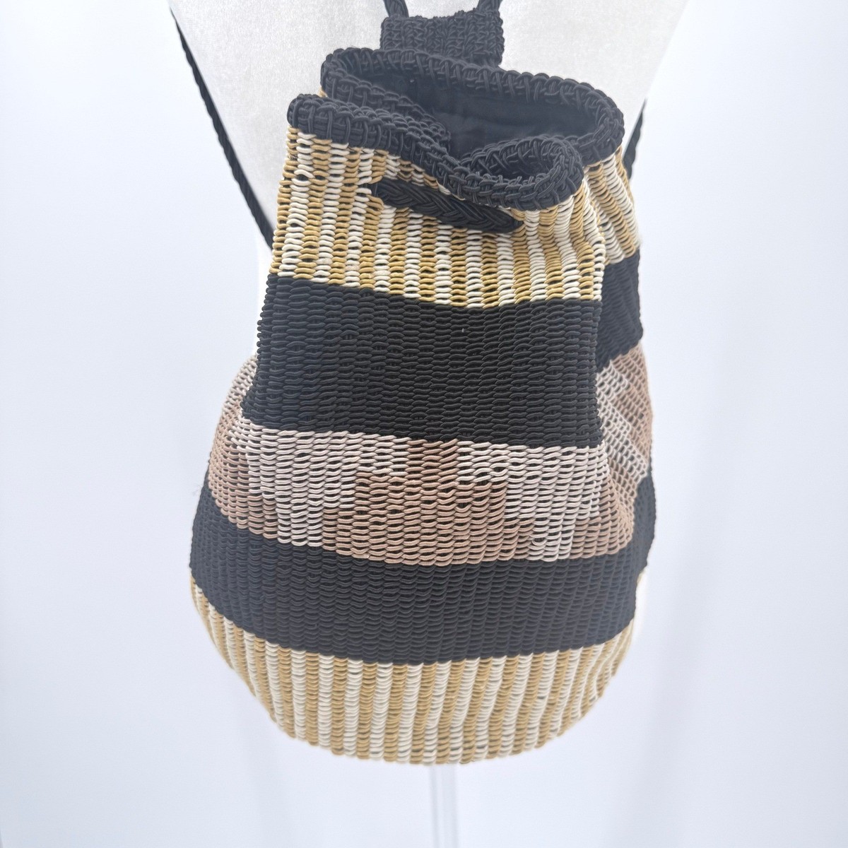 Stone Mountain Woven Striped Drawstring Backpack Black Tan  display picture 1