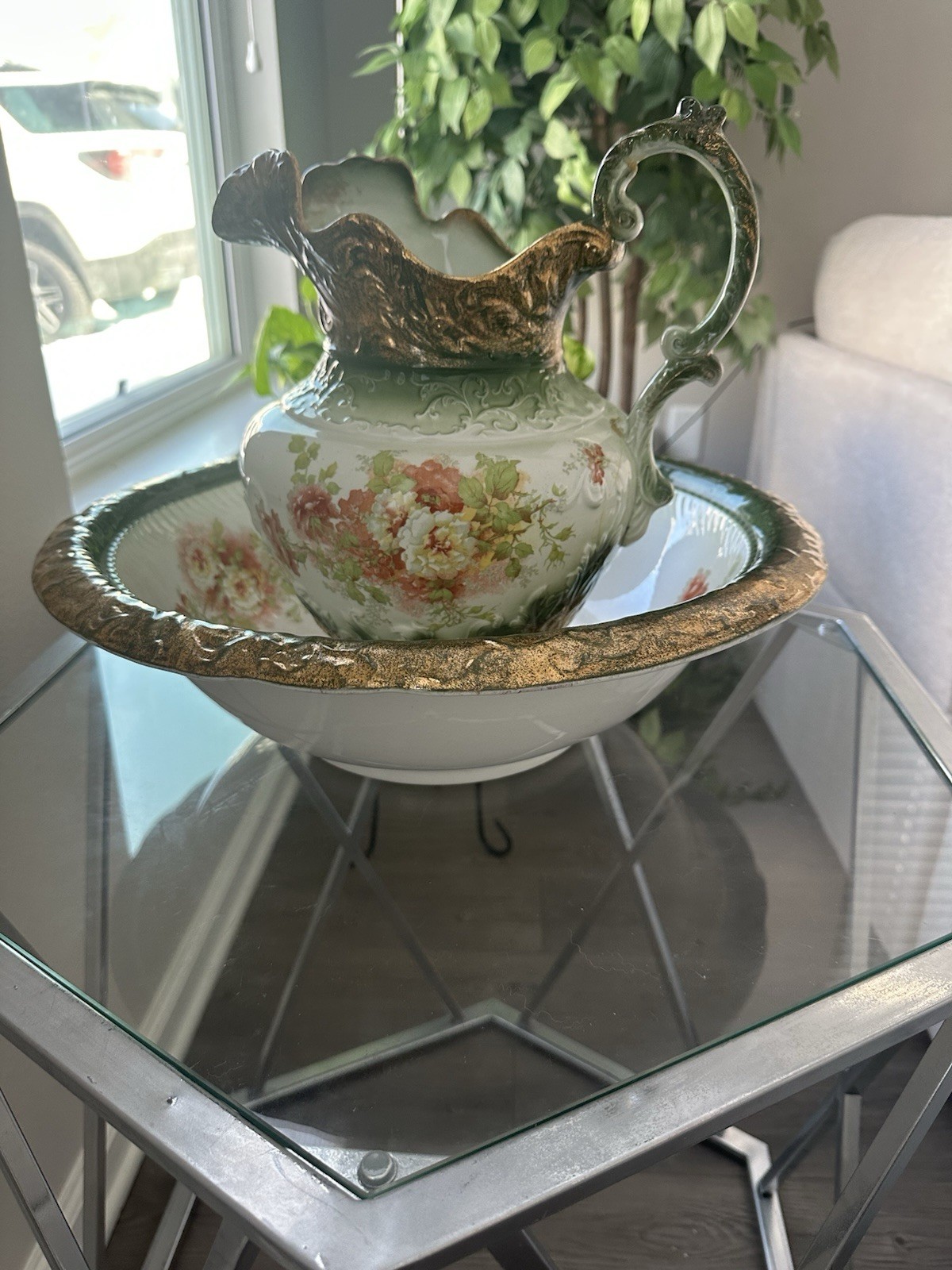 Antique Victorian Grindley English Pitcher & Basin Set – Green Floral, Gold Gilt