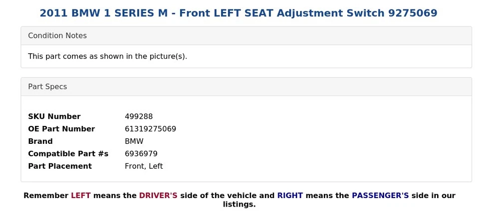 2011 BMW 1 SERIES M - Front LEFT SEAT Adjustment Switch 9275069 - Image 4 of 4