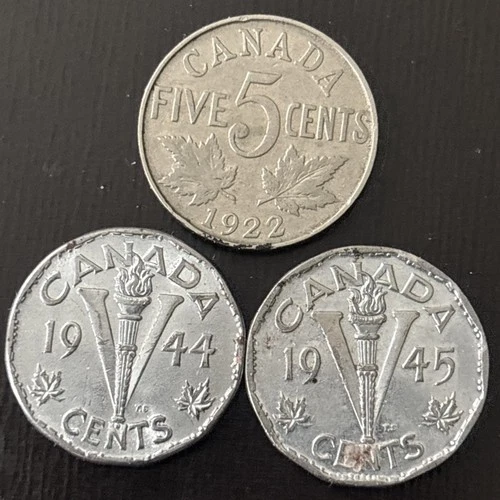 1922 CANADA 5 CENTS - NICKEL - King George V  FIRST YEAR + 1944/1945 Nickel (3)