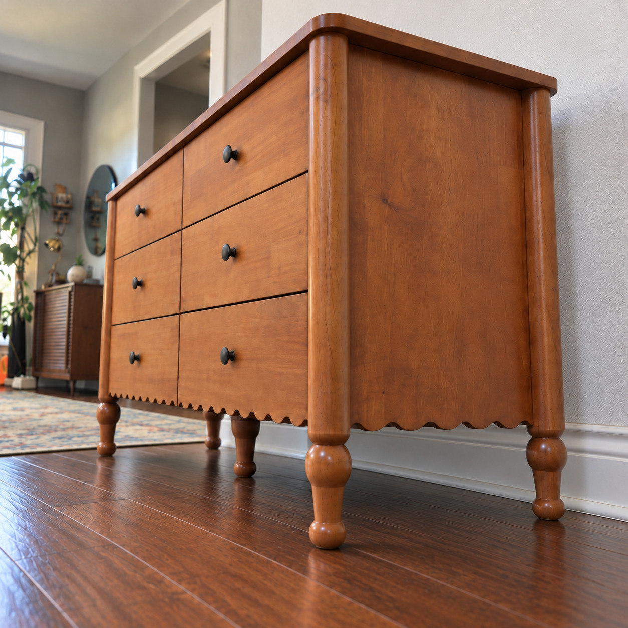 55" French Country 6 Drawer Dresser Scalloped Wood Chest of Drawers Turned Legs