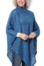 Antthony Women's Open Sweater Mock-Neck Asymmetrical Poncho Denim