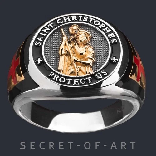 Saint St Christopher Ring Silver 925 Religious Bishop Christianity 18KGoldPlated