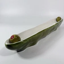 Bella Casa / GANZ Large Olive Tray Charcuterie Dish Ceramic Green & White 16" B